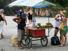 Kurz vor dem Eingang vom Manuel Antonio Nationalpark verkauft ein Händler Kokosnüsse.