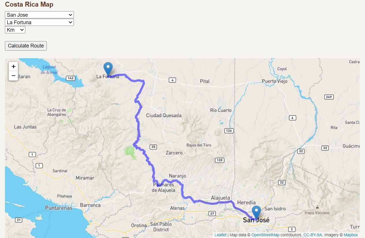 Screenshot of the route planner for Costa Rica.